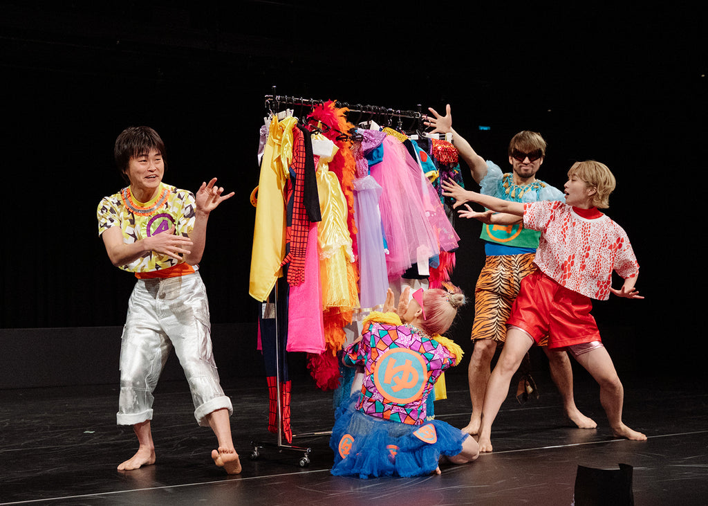 AoKid, Yu Okamoto (sitting) Kanae Asakawa, and Llon Kawai in Kaori Ito's “An Upside Down World.” Photograph courtesy of in Kanagawa Arts Theatre
