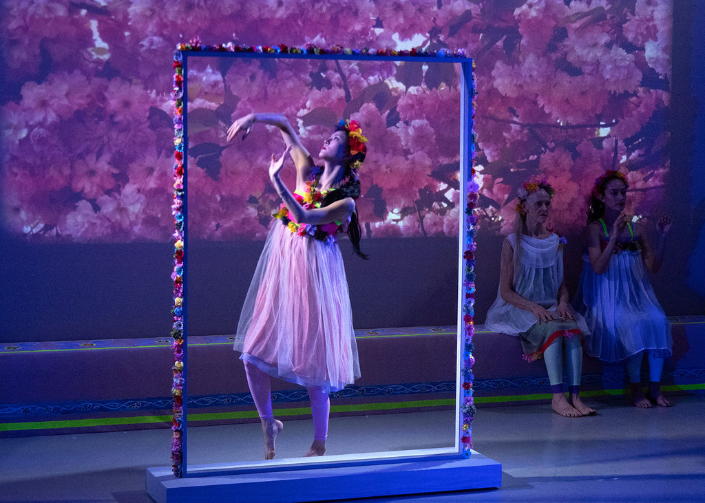 Dongri Suh (center) Janet Charleston and Kieran McBride (seated) in Douglas Dunn's “Hesperides.” Photograph by Jacob Burckhardt