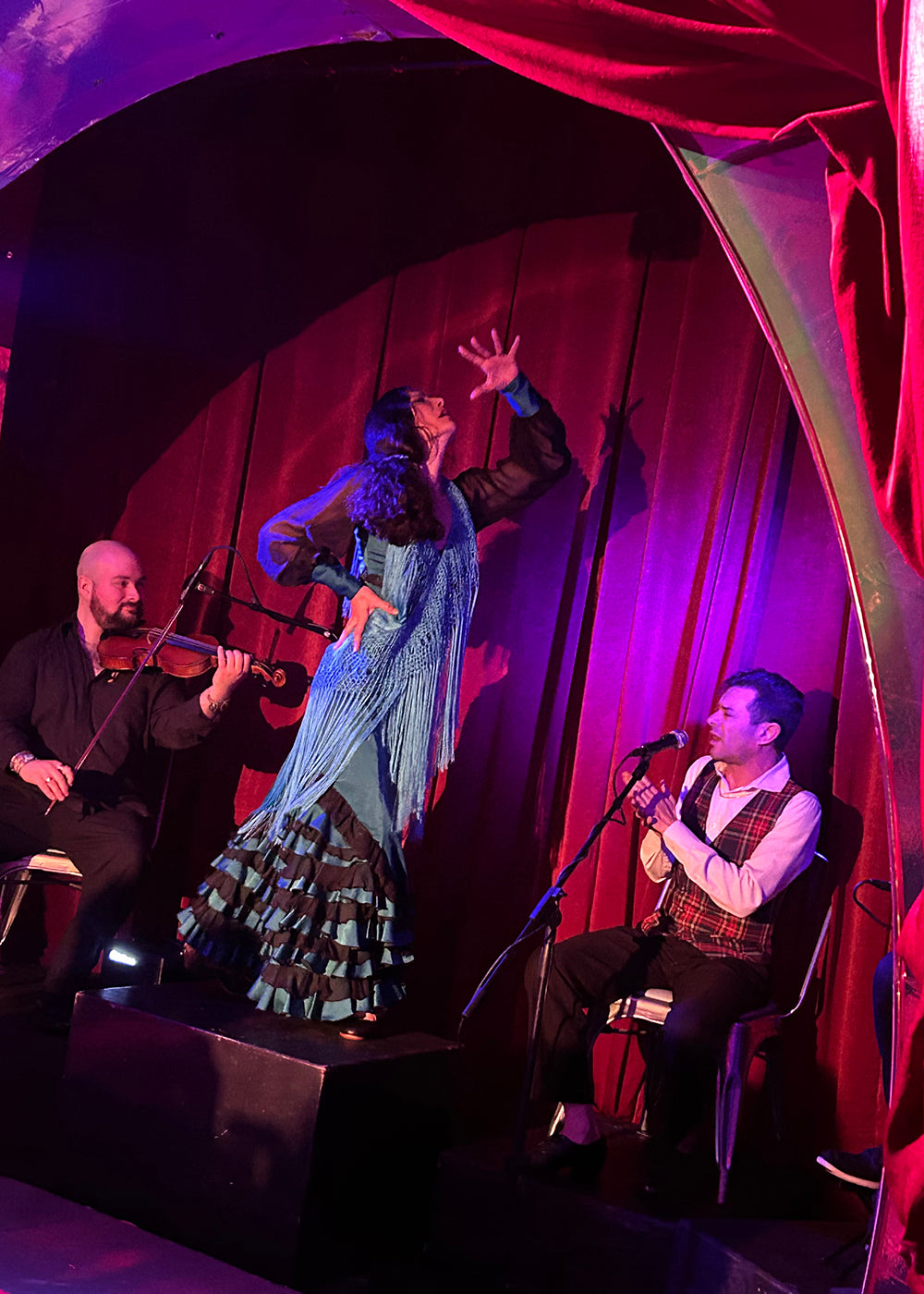 From left: David Morales Boroff, Lakshmi Basile "La Chimi," and Juan Murube perform at Flamenco Intimo at the Charade Speakeasy, San Diego. Photograph courtesy of Lakshmi Basile