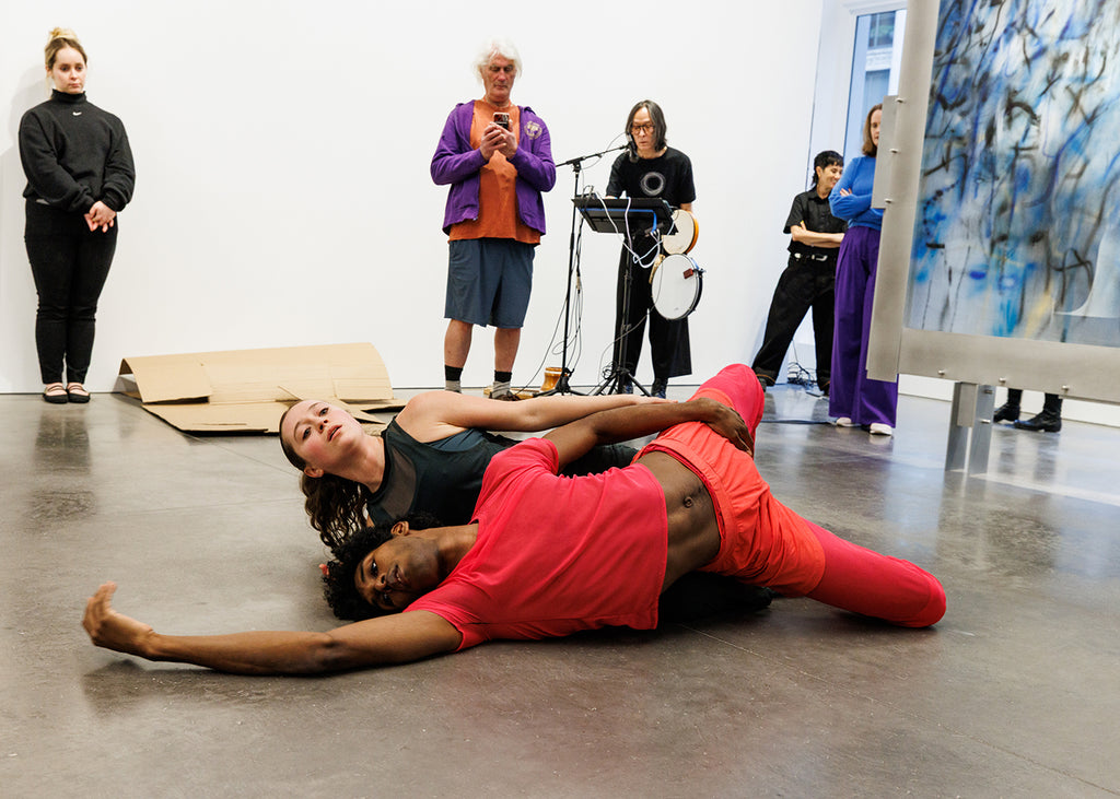 Maria Fleischman, Zo Williams, and composer/musician Hahn Rowe in “Wandering” by John Jasperse. Paintings by Julie Mehretu at Marian Goodman Gallery. Photograph by Maria Baranova



