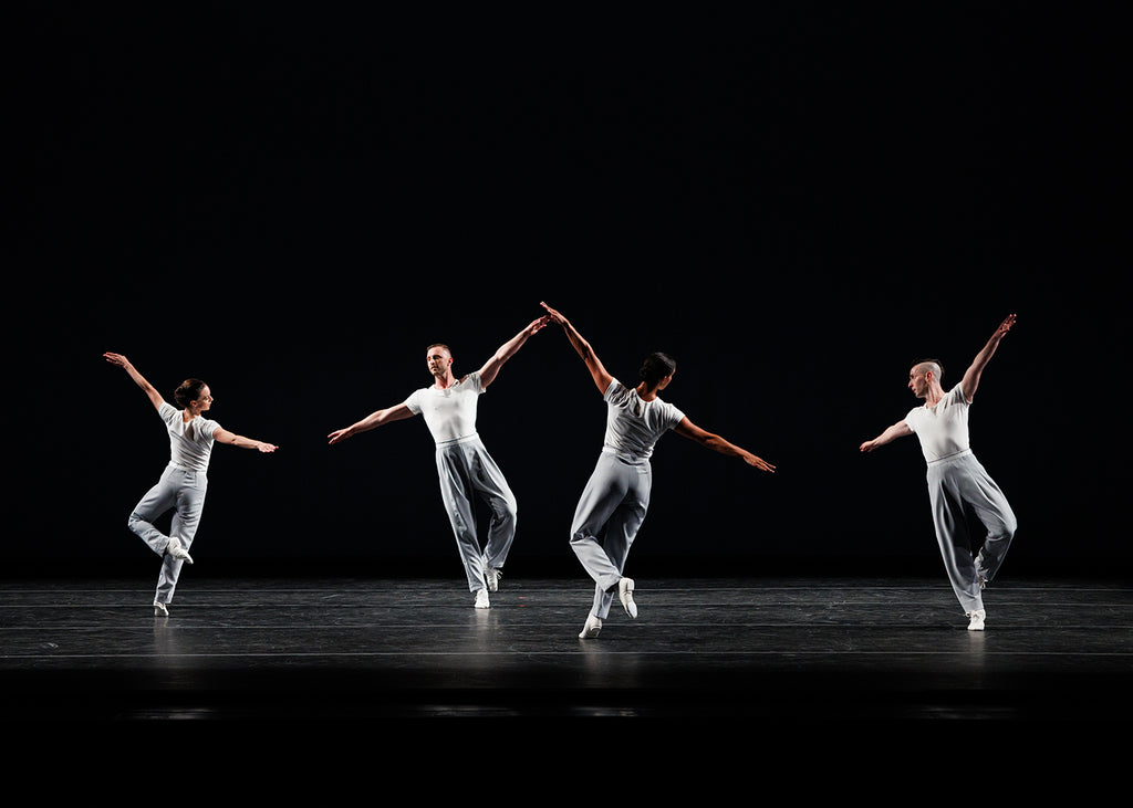 Sharon Milanese, Lonnie Poupard Jr., Sarah Hillmon, Robert Mark Burke in Lucinda Childs's “Field Dance 2.” Photograph by Maria Baranova