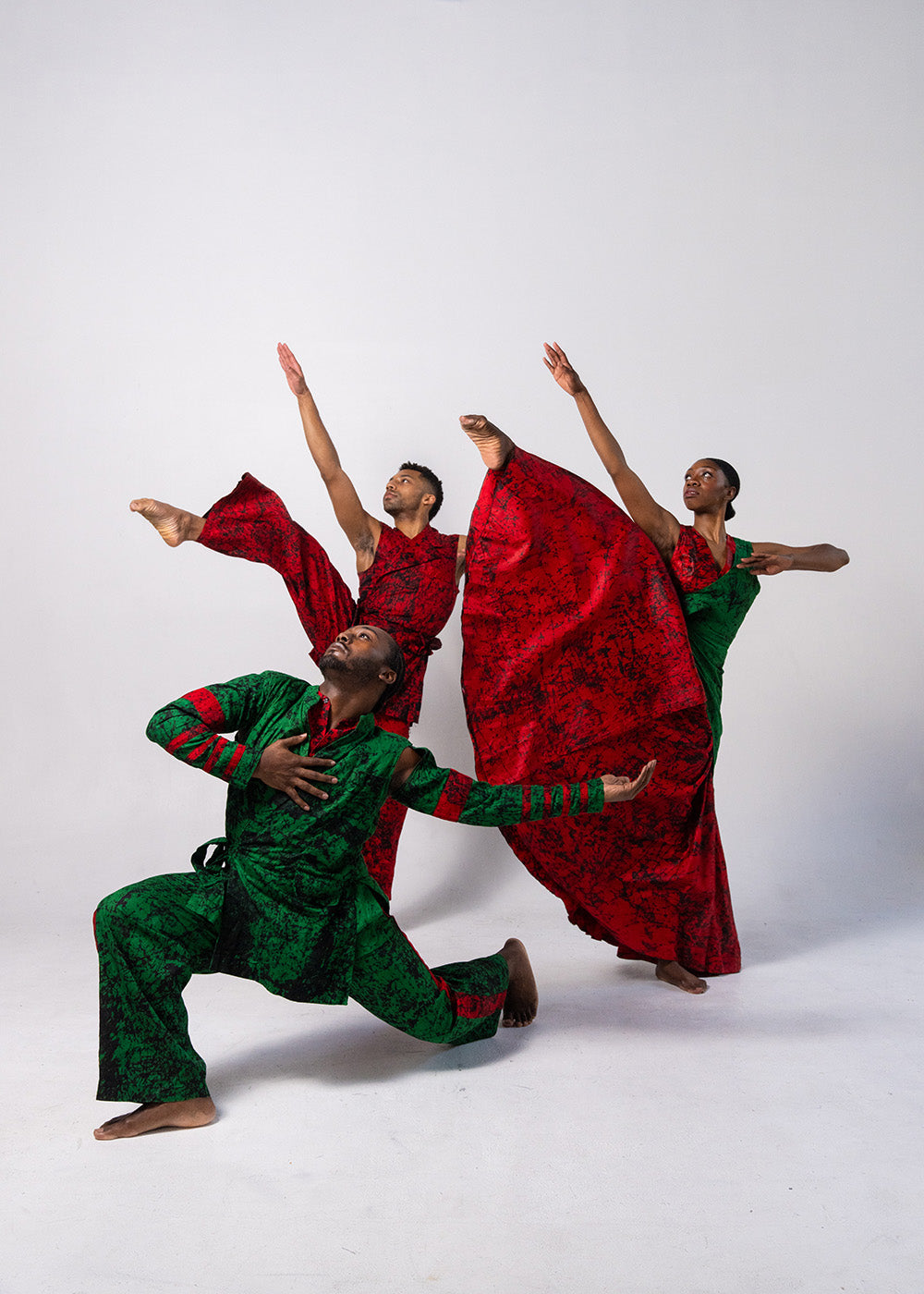 Demetrius Burns, Malcolm Miles Young, and Khalia Campbell in “Max Roach 100/Tender Warriors” by Ronald K. Brown.  Photograph by Quinn Wharton