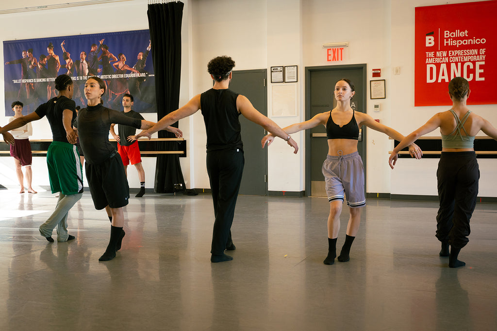 Ballet Hispánico in rehearsal for Cassi Abranches's “Trança.” Photograph courtesy of Ballet Hispánico 