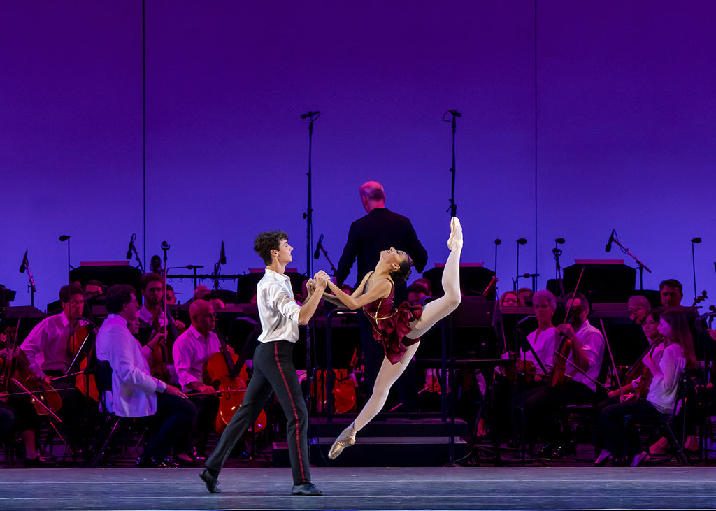 Chloe Oronoz and John Deckle in “Who Cares?“ by George Balanchine with the Los Angeles Philharmonic. Photograph by Cheryl Mann